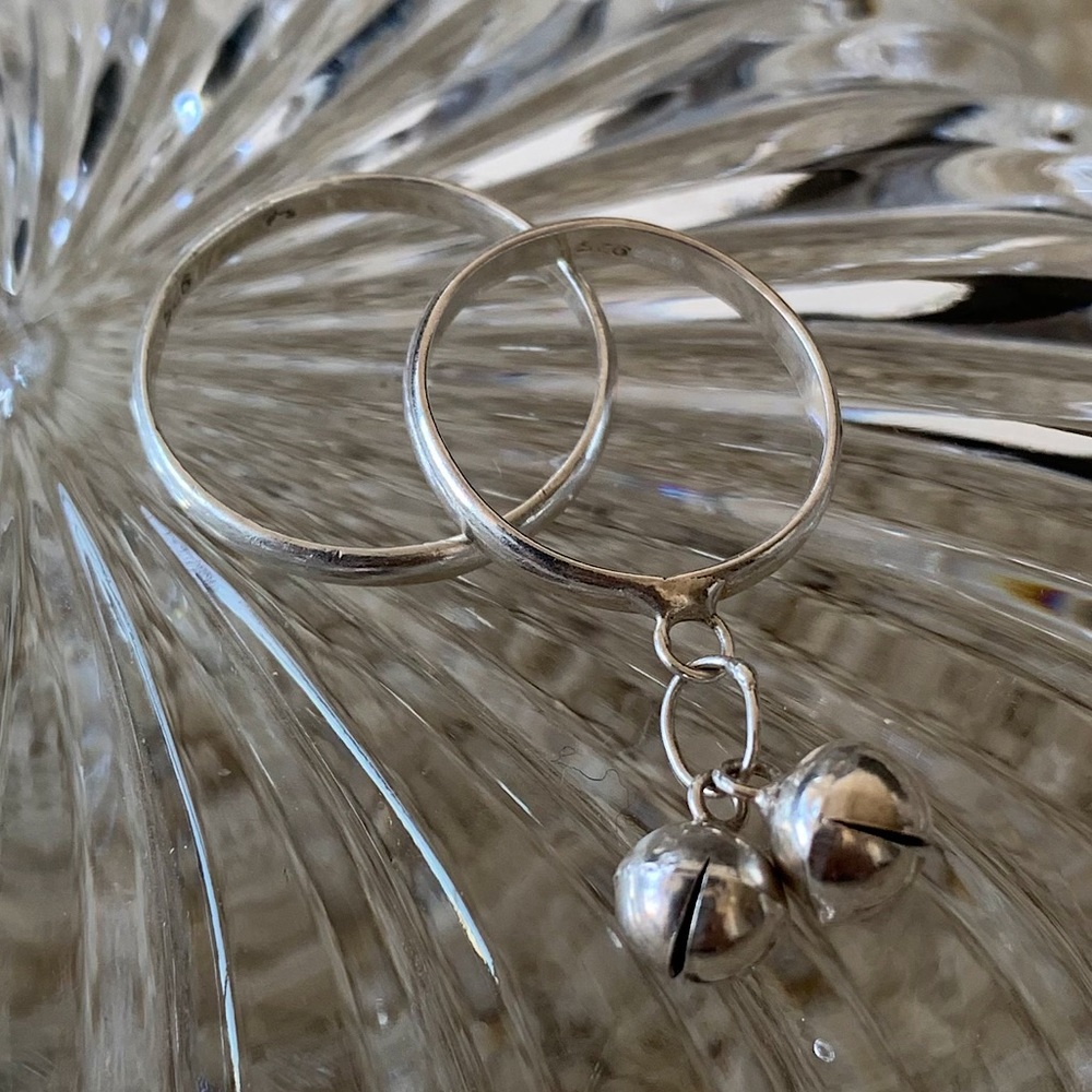 2 S925 Rings Dangle Bell Charm & Plain Minimalist